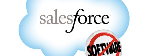 A cloud logo for Salesforce with a "no-software" sign at the bottom right