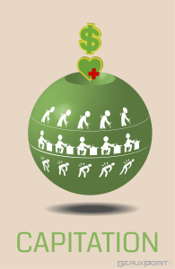 An infographic of capitation that showsa 3-dimensional money sign and heart with cross dropping into a sphere. The sphere has three sets of icons, including one group of elderly, one group with high blood pressure, and one with hurt backs.